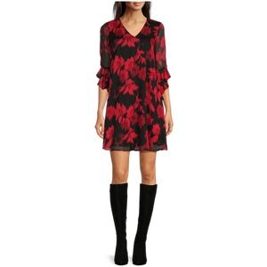 NWT Calvin Klein Women’s Black/Red Floral Dress With Gold/Silver Metallic Thread